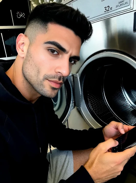 Kael - at a laundromat waiting by the machines, hoodie and shorts, candid, looking at p