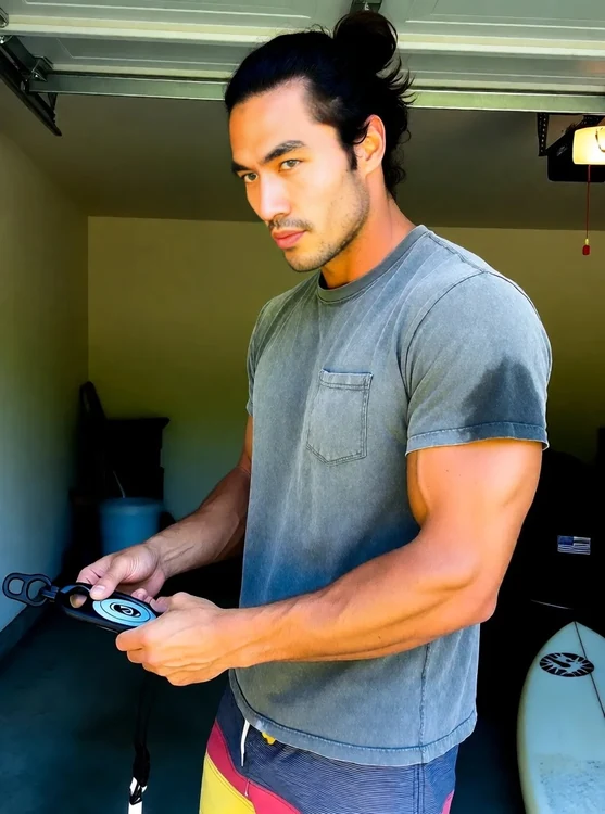Kai - Kai adjusts his board leash in a sunlit garage, wearing a faded gray T-shirt and