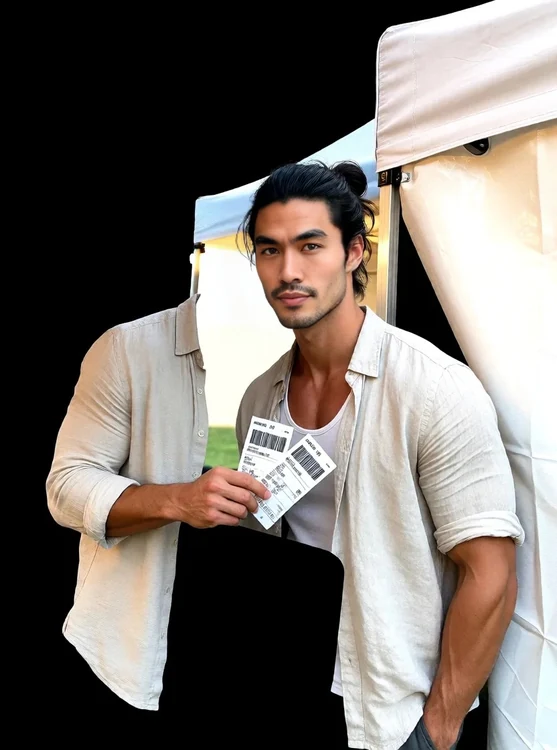 Kai - Kai leans near a food truck tent at a summer festival, holding two tickets, in a