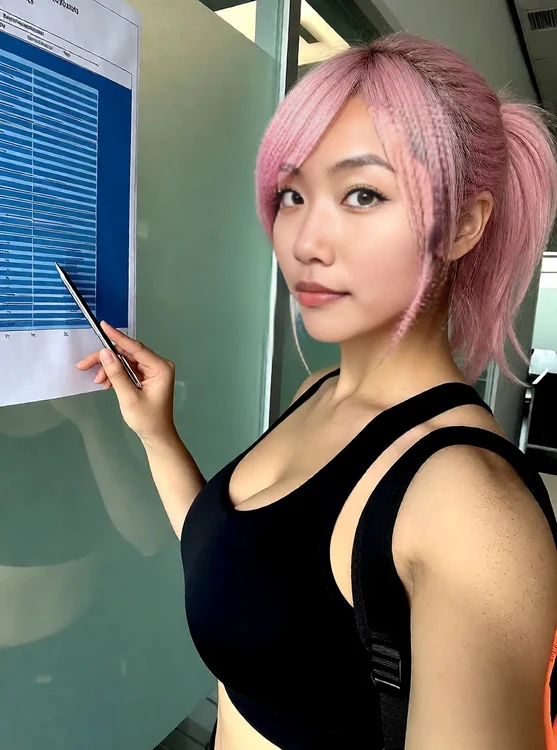 Kira - Kira points at a chart on a glass wall, holding a pen, half-body shot from a col