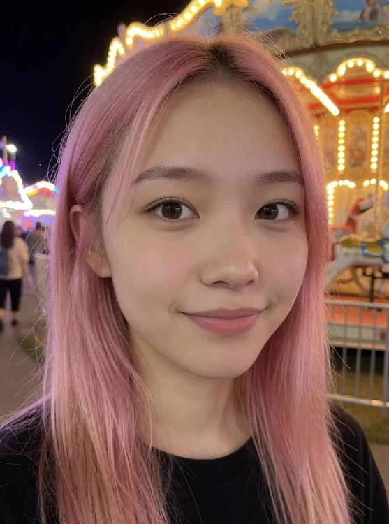 Koa - portrait at a night funfair, carousel lights bokeh, playful smile