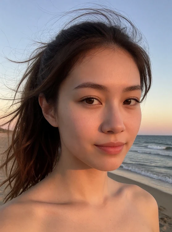 Lani - portrait on a beach at sunset, wind in hair, head and shoulders, looking at the 