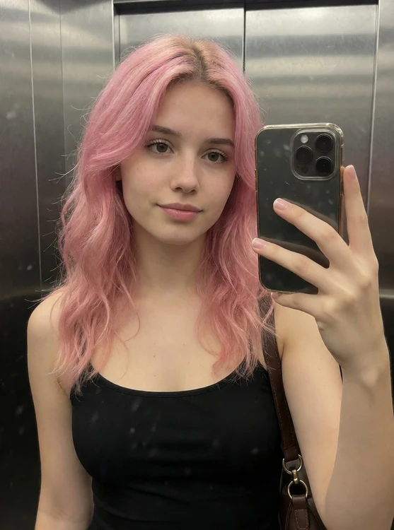 Layna - elevator mirror selfie, phone in hand, evening-out outfit