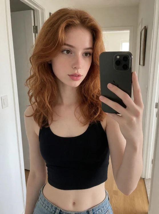 Leila - mirror selfie in a bright hallway, phone visible, casual streetwear