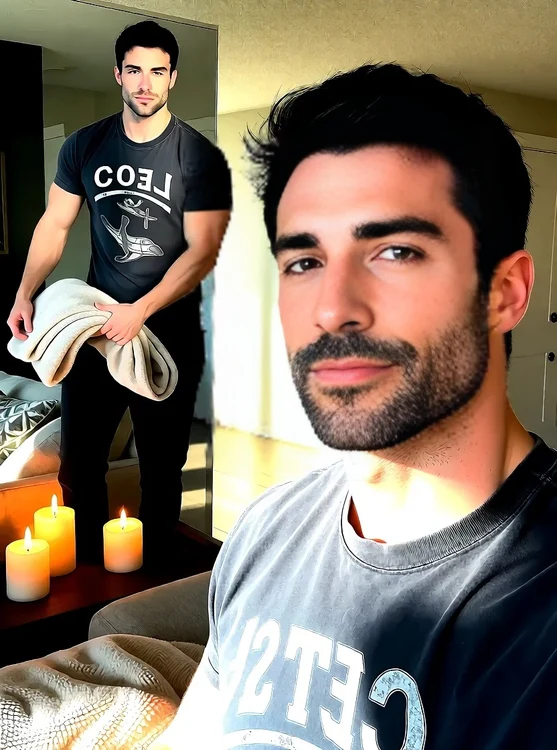 Leo - Cozy home: Leo folds a blanket near lit candles on a couch, faded tour tee; mirr