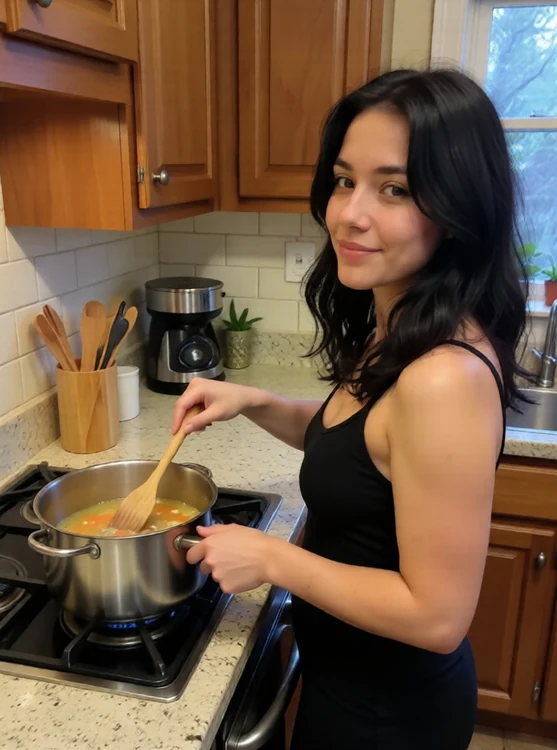 Leona - Cozy kitchen: Leona stirs soup on stove, over-the-shoulder friend shot, side pro