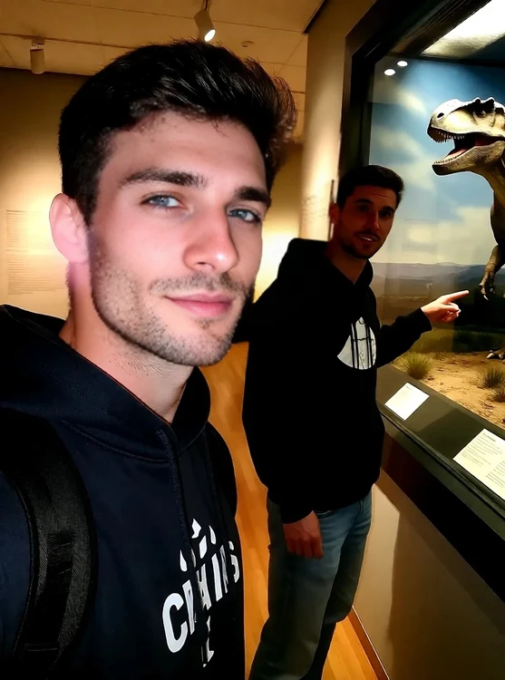 Liam - Museum hallway, Liam in hoodie and jeans, pointing at a dinosaur exhibit, low an