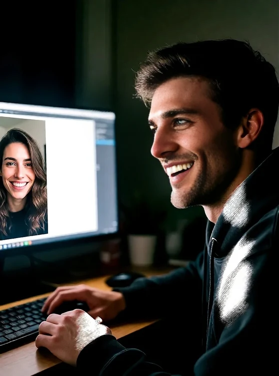 Liam - Desk at night, Liam in dark hoodie, laughing at monitor, friend’s photo, half bo