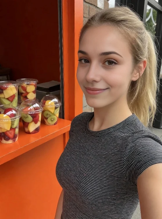 Lola - Over-shoulder shot, Lola in a striped tee, smiling at a bright orange stand sell