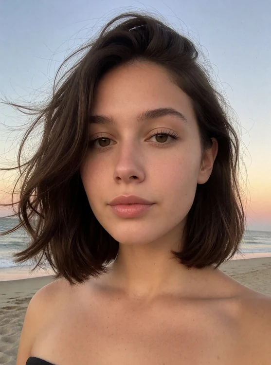 Luna - portrait on a beach at sunset, wind in hair, head and shoulders, looking at the 