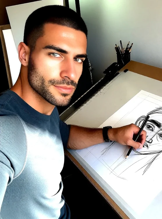 Mateo - Self-portrait in a clean studio: Mateo sketches on tracing paper at a drafting t