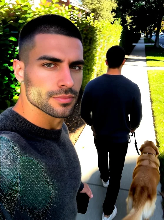 Mateo - Mateo walks a golden retriever down a leafy sidewalk at dusk, wearing a soft cha
