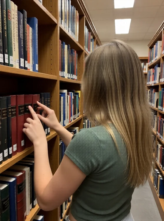 Mia - Library aisle; Mia in a muted green top, scanning a shelf, finger tracing spines