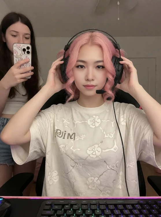Mina - Behind a gaming desk in an oversized tee, Mina is adjusting her headset while a 