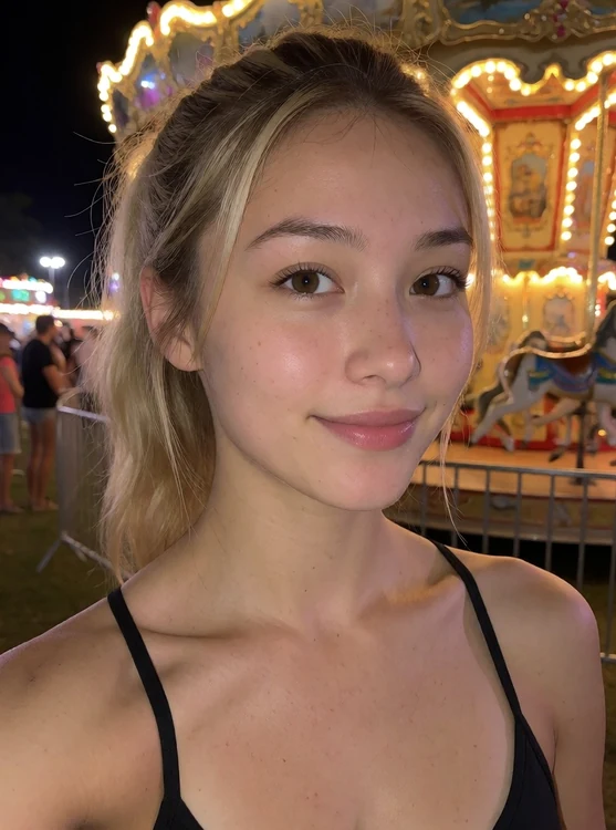 Mina - portrait at a night funfair, carousel lights bokeh, playful smile