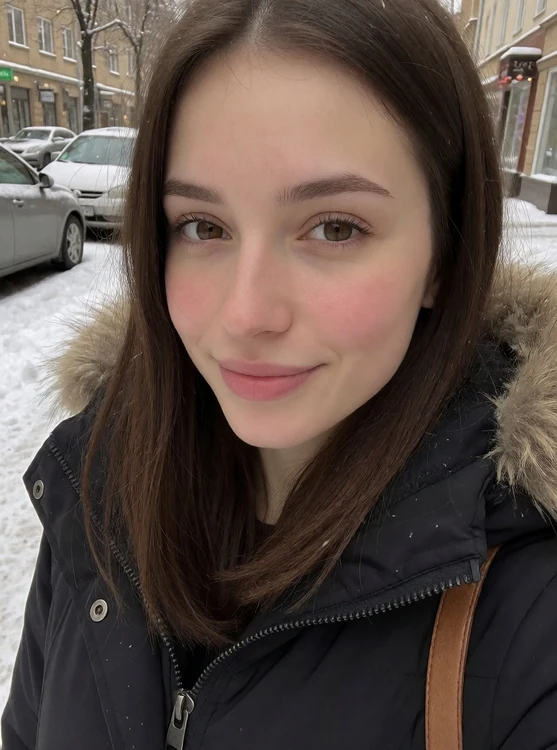 Mira - close selfie in a winter jacket on a snowy street, rosy cheeks, soft smile