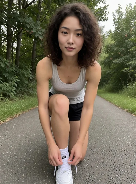Mira - Riverside path, early; Mira in breathable tank and shorts, tying shoelaces; half