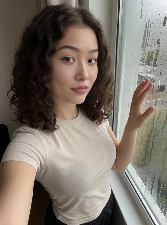 Mira - Studio window corner; Mira in simple tee and pants, wiping condensation; close s