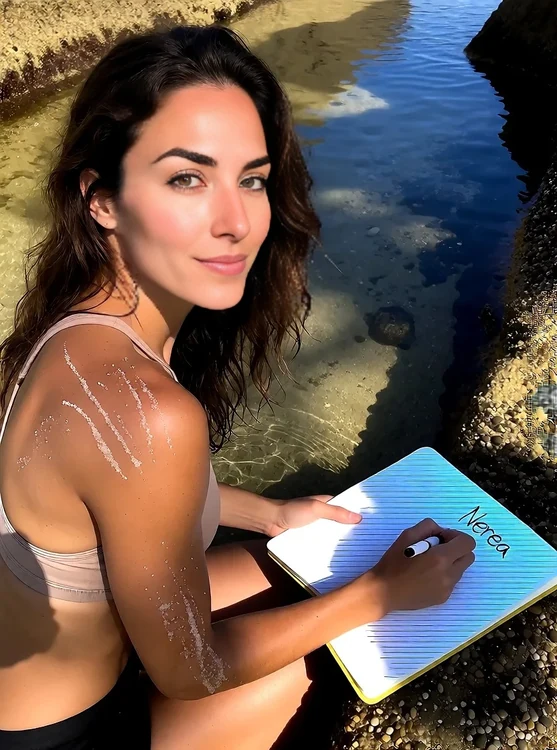 Nerea - Nerea kneeling beside shallow tide pool, writing in salt-streaked notebook, wais