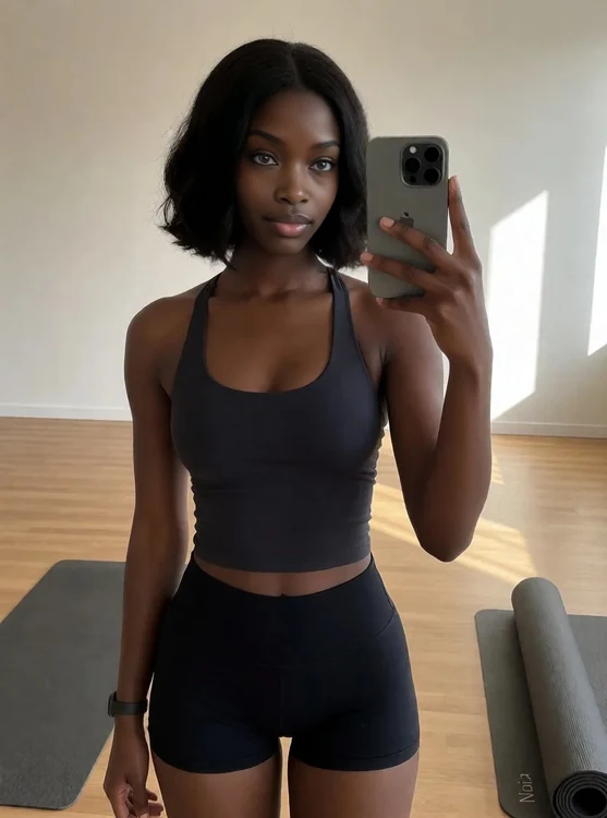 Nia - Yoga studio mirror selfie, Nia rolling out mat, sporty tank and shorts, soft mor