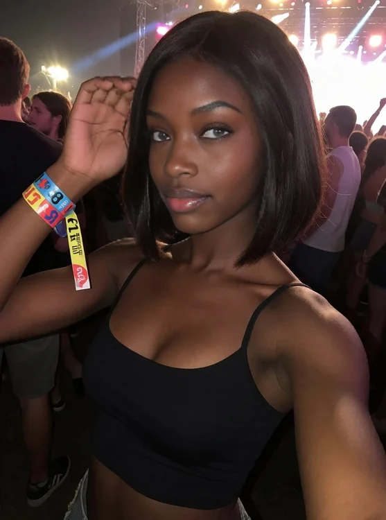 Nia - Festival selfie from a friend, colorful wristband, crop top, dancing under brigh