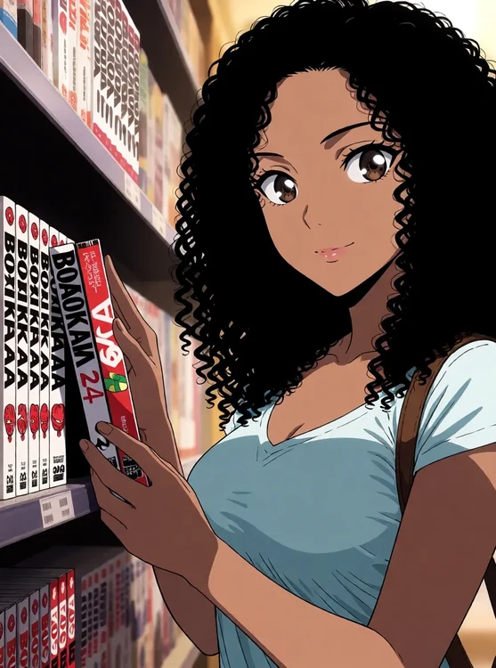 Noa - Bookshop aisle: she compares two manga volumes, portrait, friend angle, eyes on 