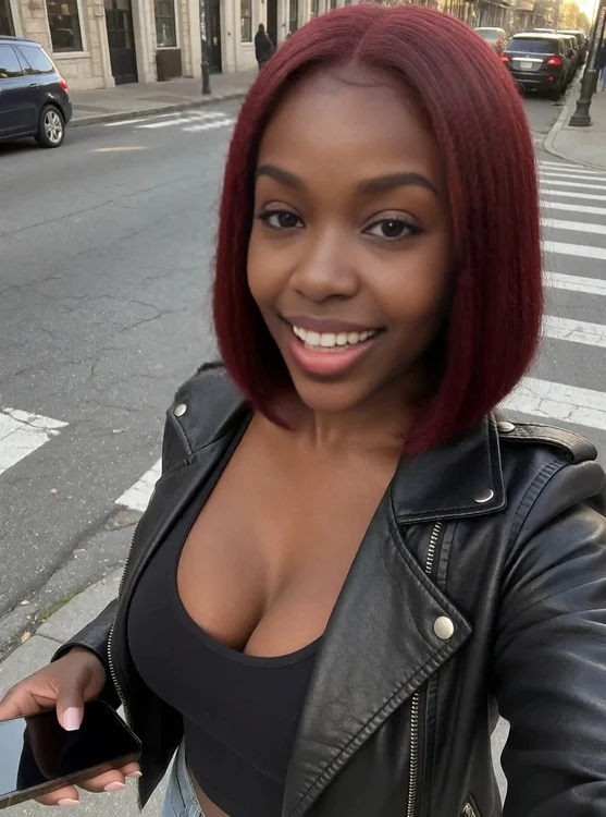 Nola - Street corner morning, Nola in leather jacket taking selfie, phone low, mouth op