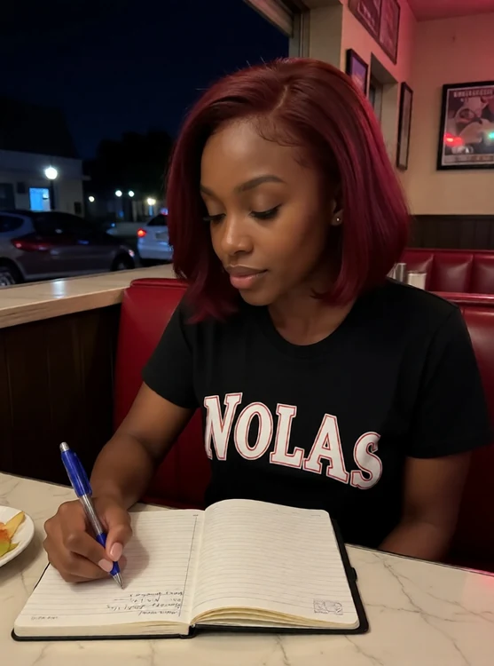 Nola - Late-night diner booth, Nola in black tee, pen to notebook, over-the-shoulder sh