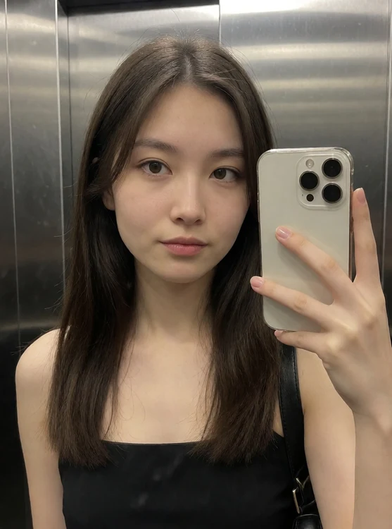 Nyx - elevator mirror selfie, phone in hand, evening-out outfit