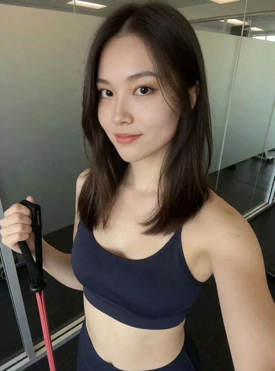 Nyx - Gym selfie in a sports bra and leggings, adjusting resistance band, foggy mirror
