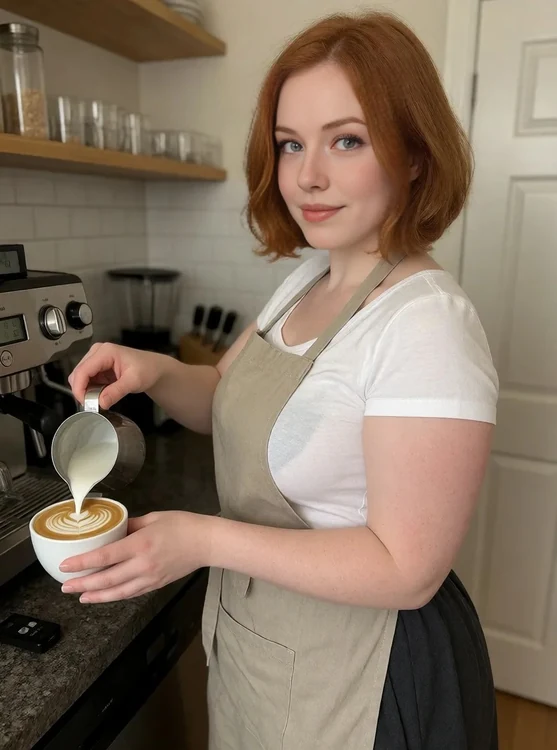 Opal - Full body from the side, evening apron and charcoal skirt, pouring latte art whi