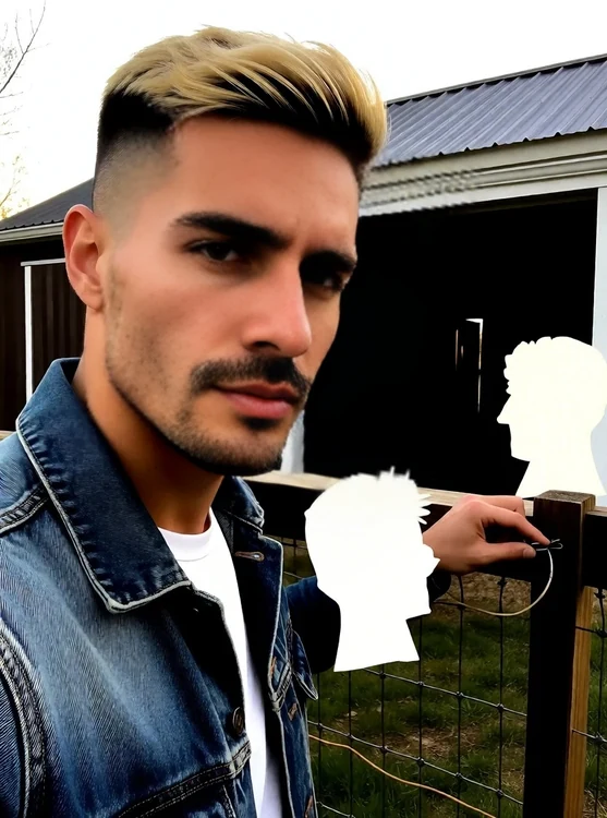 Orion - Lean foreman, denim jacket, fixing fence near barn; friend shot, side view, no d