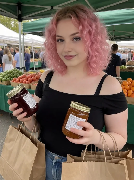 Pip - Over-the-shoulder at a farmers market stall, Pip comparing two jars of jam, hand