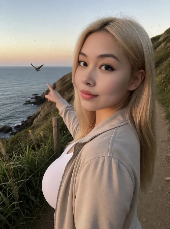 Rina - Coastal trail hike afternoon, Rina in simple jacket, pointing at a bird, half-bo