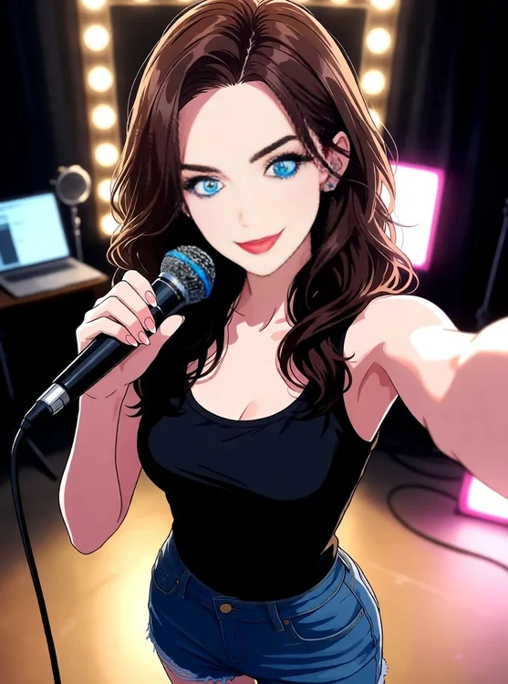 Risa - Backstage sound check, holding mic, half-body selfie, playful smirk.