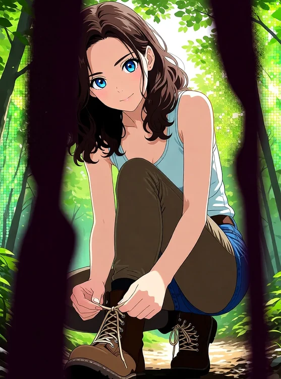 Risa - Forest trail, tying bootlace, low-angle candid, green canopy above.