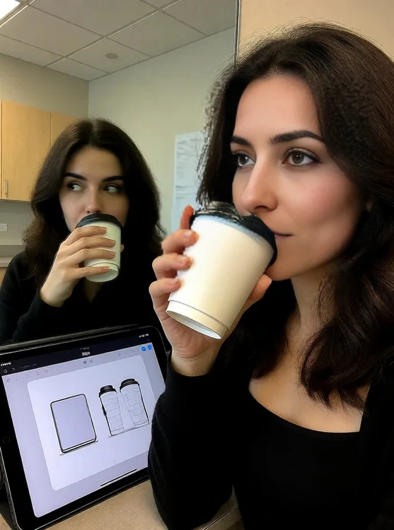 Riya - Office breakroom: Riya sips coffee, testing a prototype on her tablet, mirror se