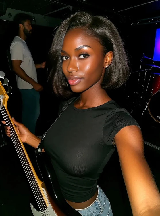 Romy - Romy tuning bass on a dim club stage, half-body, friend’s photo.