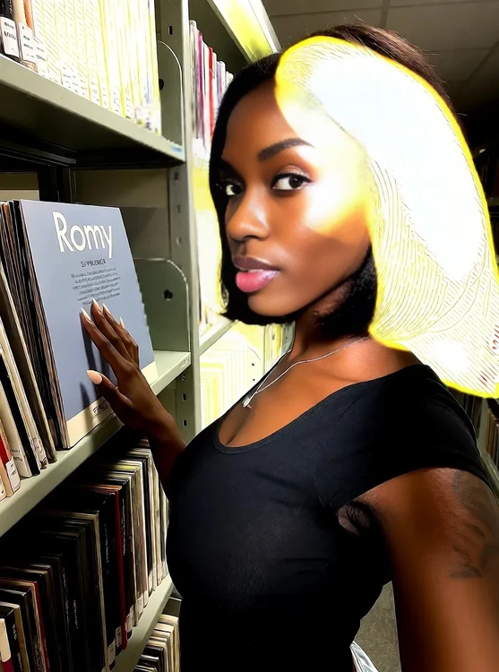 Romy - Romy in a library aisle, finger on a vinyl music book, candid side profile.