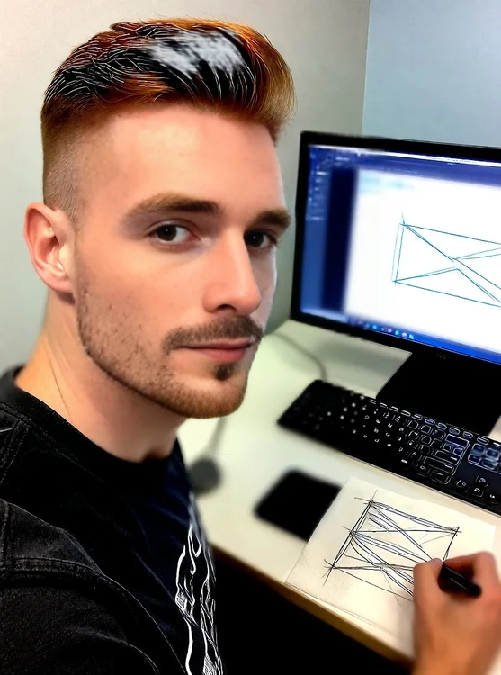 Rory - UX desk, Rory sketching wireframe on napkin, half body, over-the-shoulder, candi