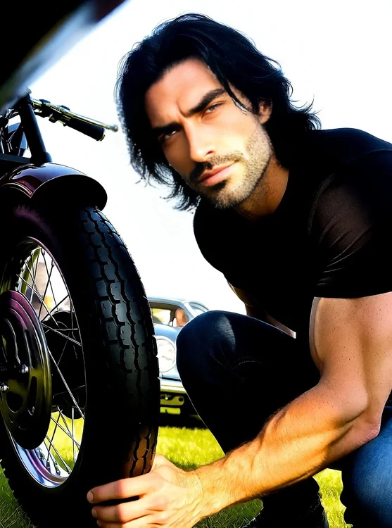 Rowan - Rowan at daytime motor show, crouched by a classic bike, checking tires, low ang