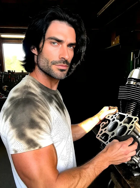 Rowan - Rowan in grease-stained tee at workshop, wiping a motorcycle cylinder head, half