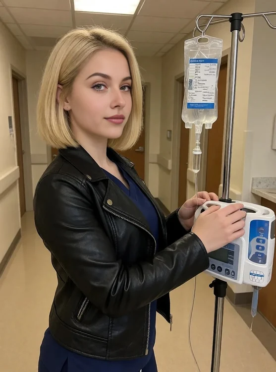 Roxi - Roxi, half-body from the side, adjusting an IV pole in a clinic hallway, leather