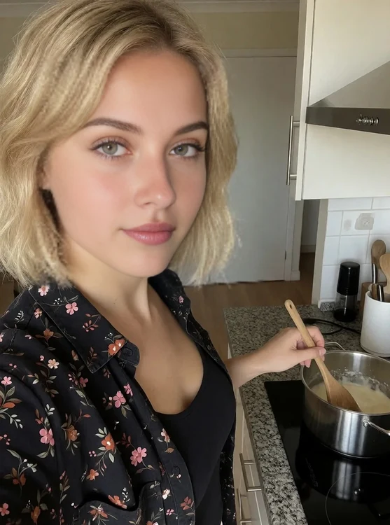 Roxi - Roxi, kitchen counter, stirring a pot, dark floral shirt; mirror selfie, over-th