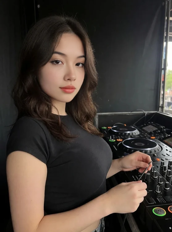 Rumi - Friend-shot: Rumi in a cropped black tee adjusting a DJ booth mixer cable, side 