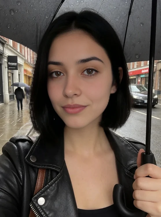 Saida - Rainy city street; she ducks under an umbrella, leather jacket; friend photo, ha