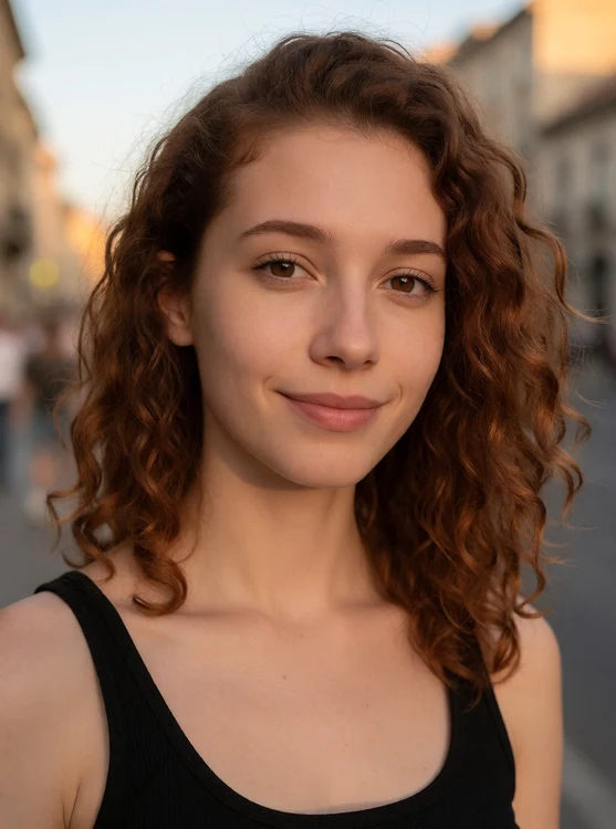 Selene - portrait looking at the camera, soft smile, golden hour city street, blurred bac