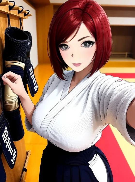 Sera - Selfie, half-body in kendo dojo, adjusting gloves on rack; focused, no eye conta