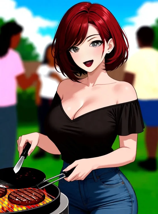 Sera - Over-the-shoulder, friends' backyard barbecue, laughing as she flips burgers.
