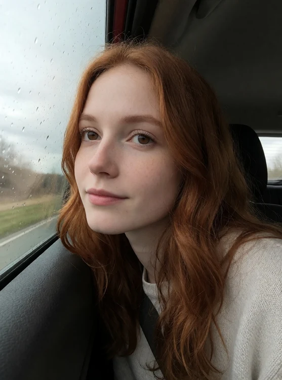 Sera - Road trip car window; Sera in a light sweater, chin on the glass, looking out; t